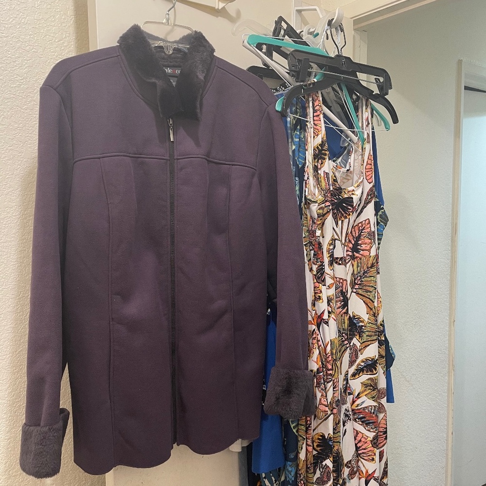 Style & Co. Faux Suede and Faux Fur Zip Up Jacket Eggplant Purple Size XL